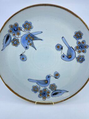 vintage ken edwards tonala chop platter hand painted birds & flowers motif
